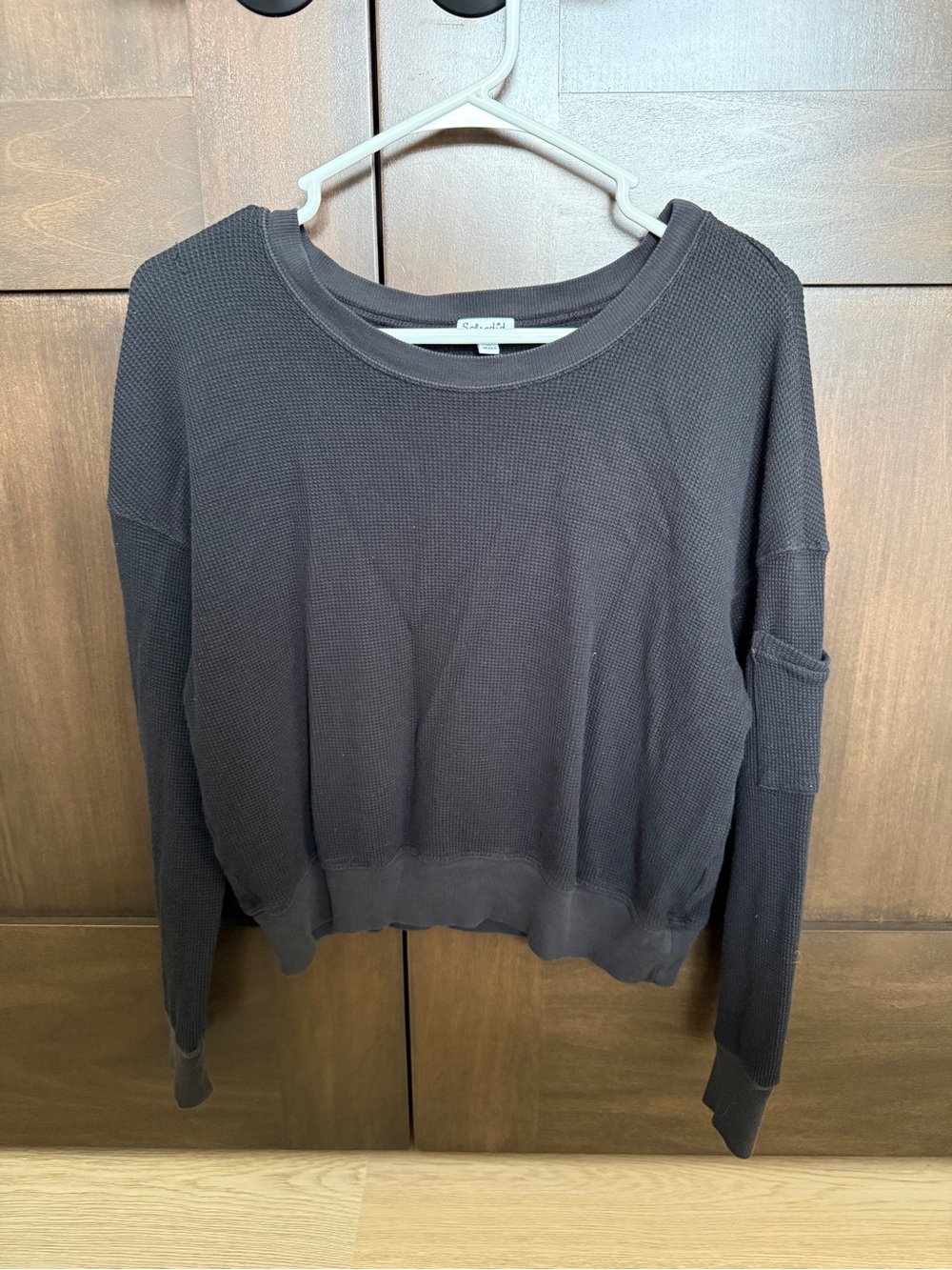 Splendid Black Waffle-Knit Crewneck Long Sleeve Top